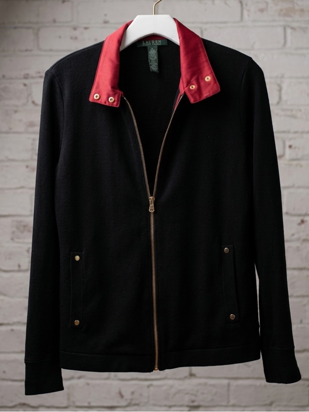 RALPH LAUREN Black Ribbed Zip Up Jacket With Red Collar And Gold Hardware